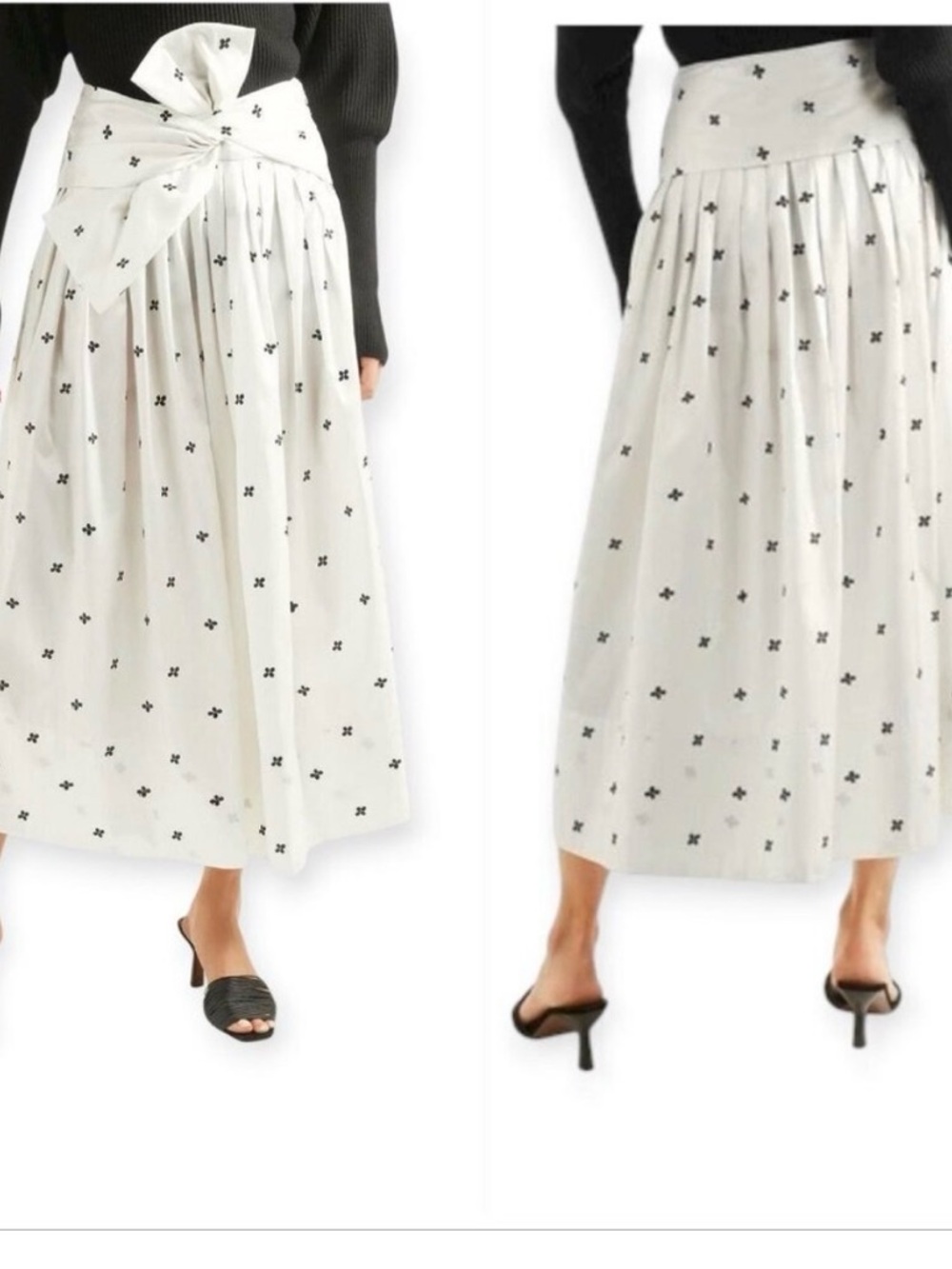 ULLA JOHNSON White Printed Midi Skirt with Bow Waist
